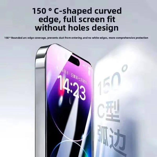 A close-up of a smartphone displaying a screen protector with curved edges and a full screen fit design.