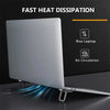 A silver foldable laptop stand is shown with heat dissipation features and airflow visible beneath it.