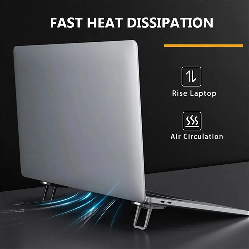 A silver foldable laptop stand is shown with heat dissipation features and airflow visible beneath it.