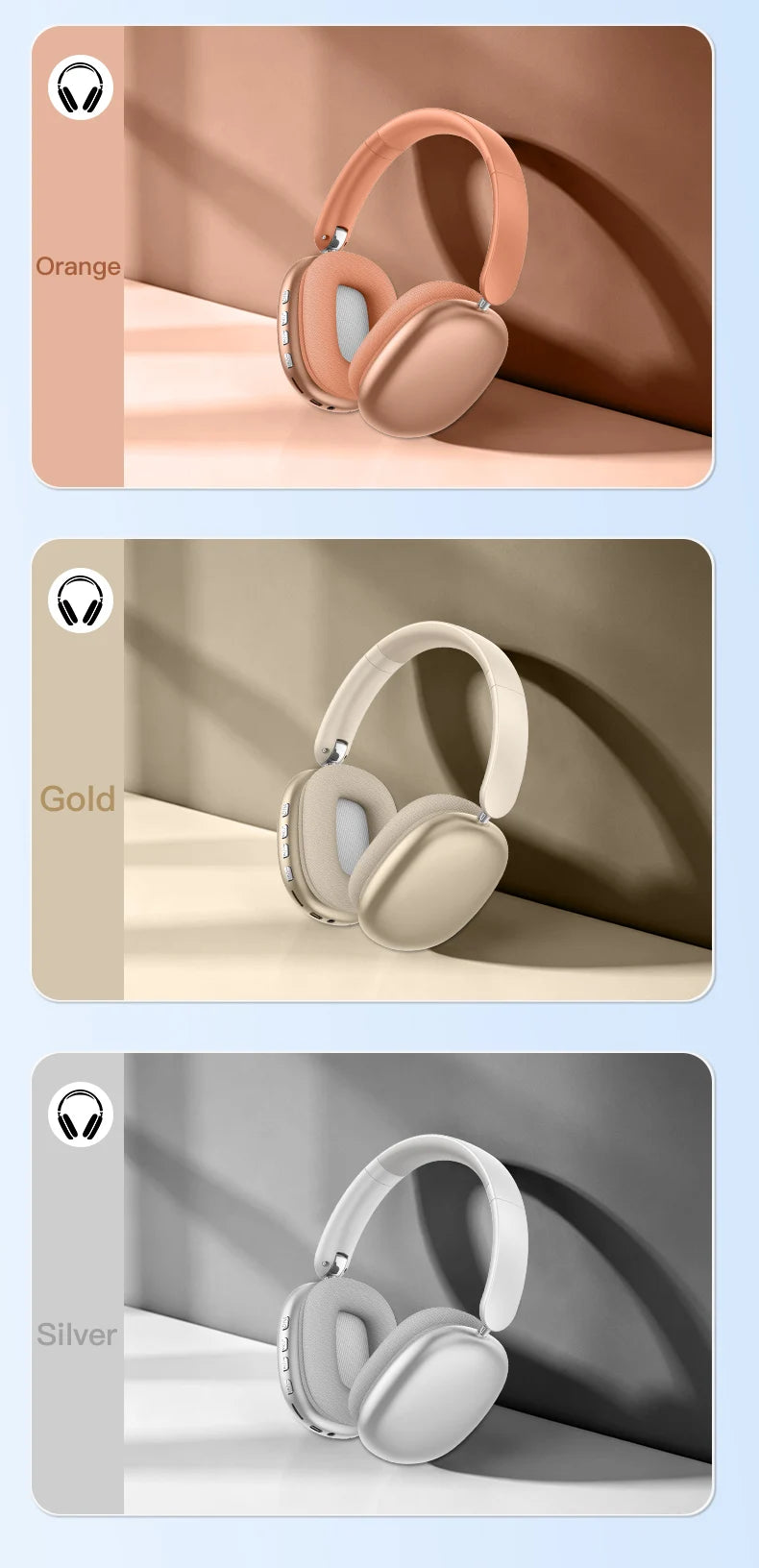 Three pairs of wireless over-ear headphones in orange, gold, and silver colors displayed on a light background.
