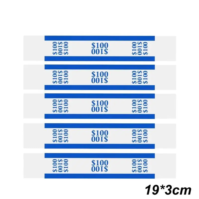 A pack of self-sealing money straps for cash organization, shown in blue and white.