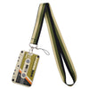Vintage cassette tape lanyard with an ID badge holder featuring olive green and beige stripes.