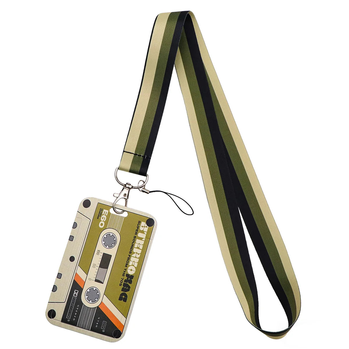 Vintage cassette tape lanyard with an ID badge holder featuring olive green and beige stripes.