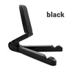 A black foldable adjustable tablet stand designed to hold iPads and phones.