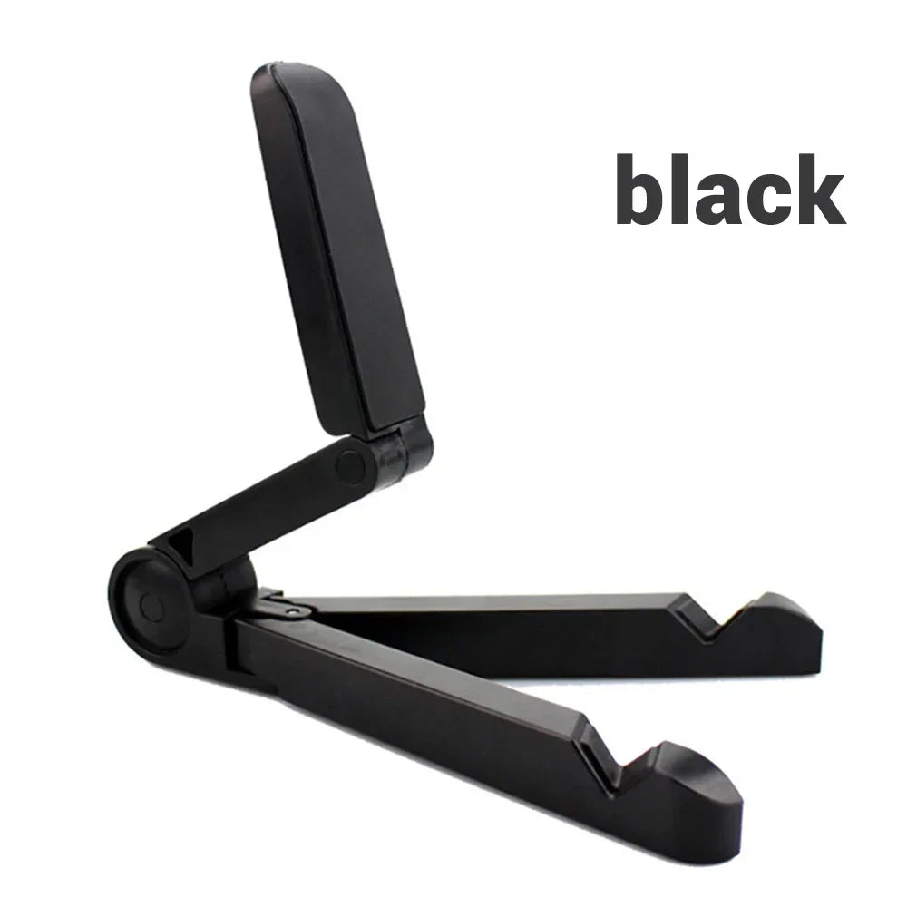 A black foldable adjustable tablet stand designed to hold iPads and phones.