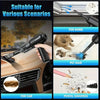A black cordless air duster and blower tool is shown being used for cleaning various scenarios like car interiors, pet hair, 
