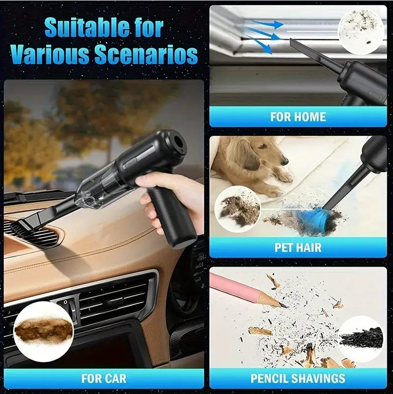 A black cordless air duster and blower tool is shown being used for cleaning various scenarios like car interiors, pet hair, 