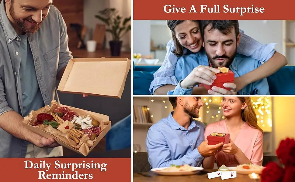 A couple is smiling while writing on a red note card, suggesting daily surprising reminders.