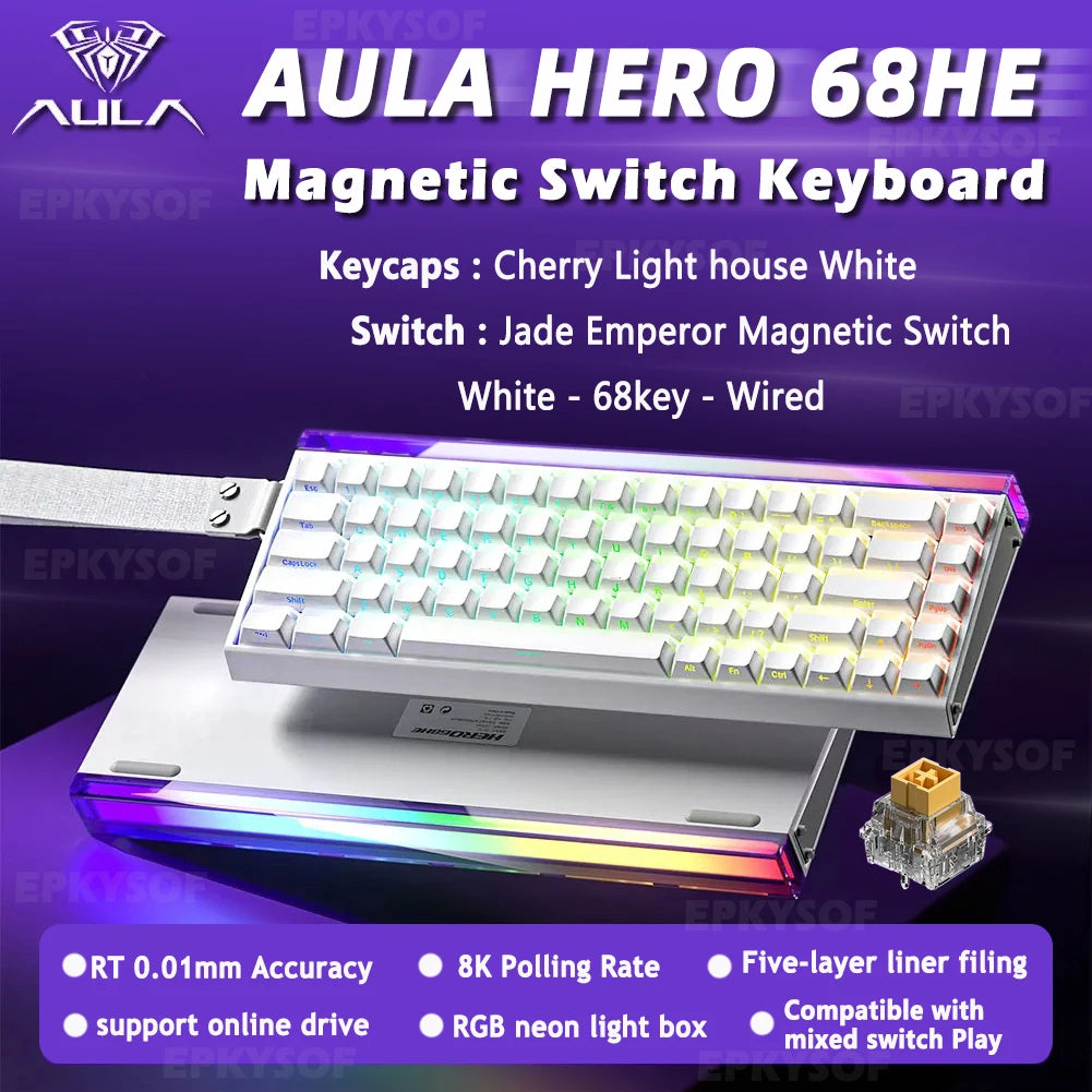 AULA HERO 68HE magnetic switch keyboard featuring white keys and a jade emperor switch