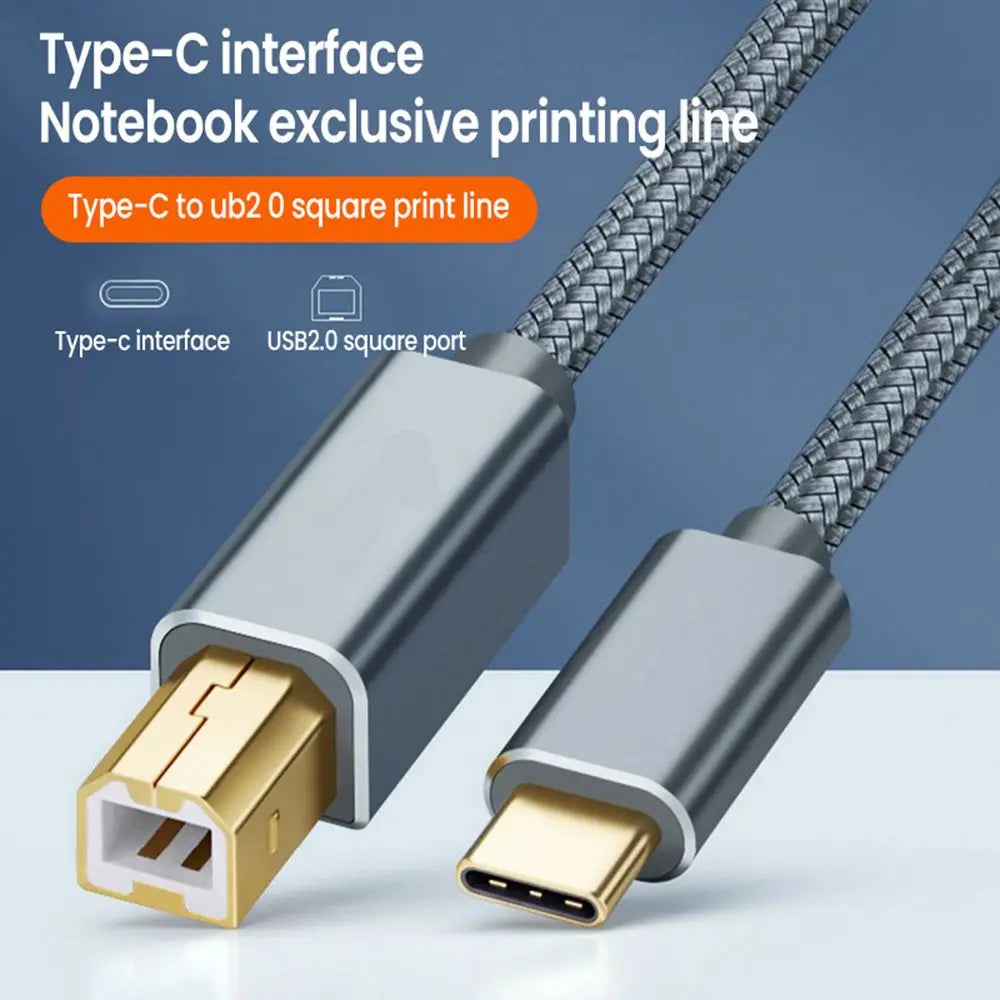A close-up of a durable braided Type-C to USB 2.0 square print line cable connector.