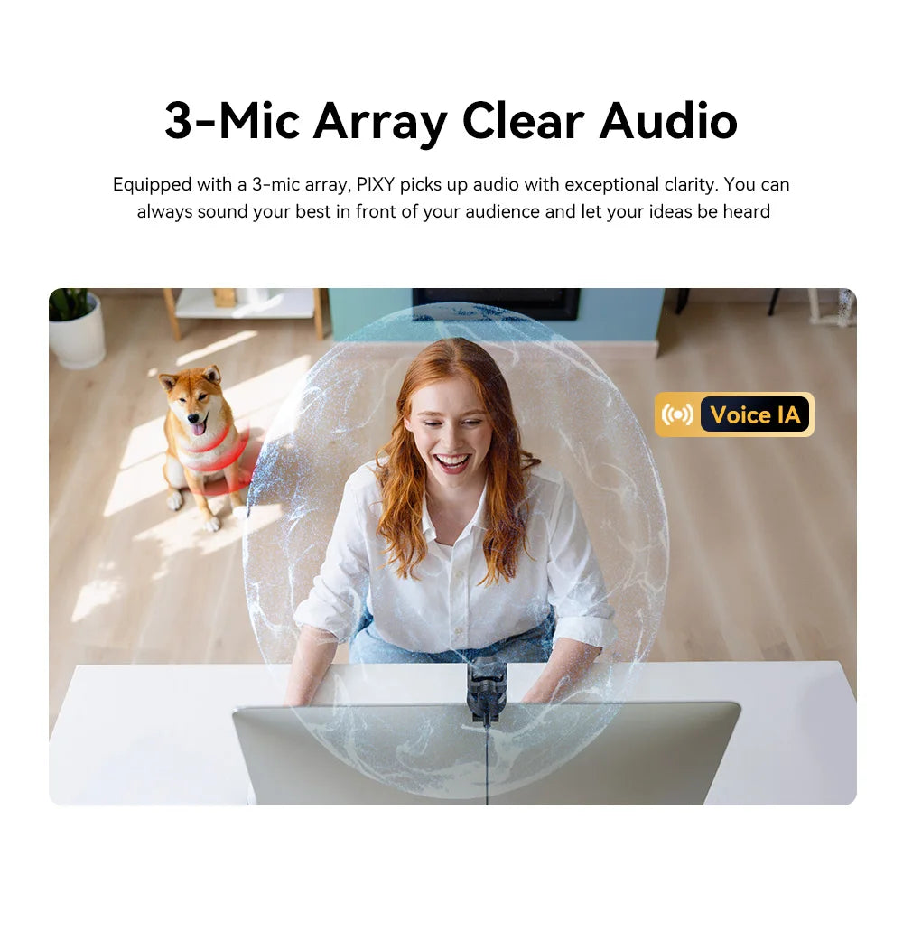 A woman is using a laptop with a microphone array setup for clear audio recording.