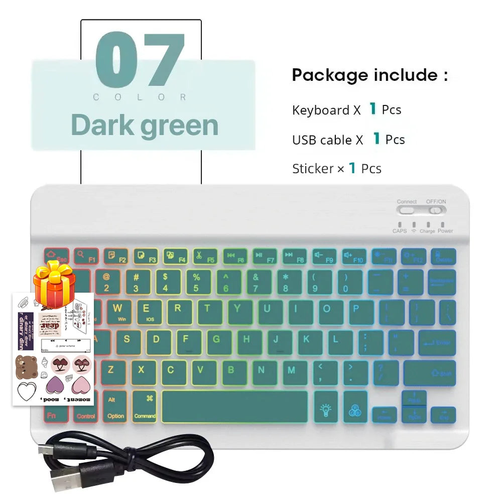Paquete de teclado y mouse Bluetooth multicolor en verde oscuro, incluye teclado, cable USB y pegatina.