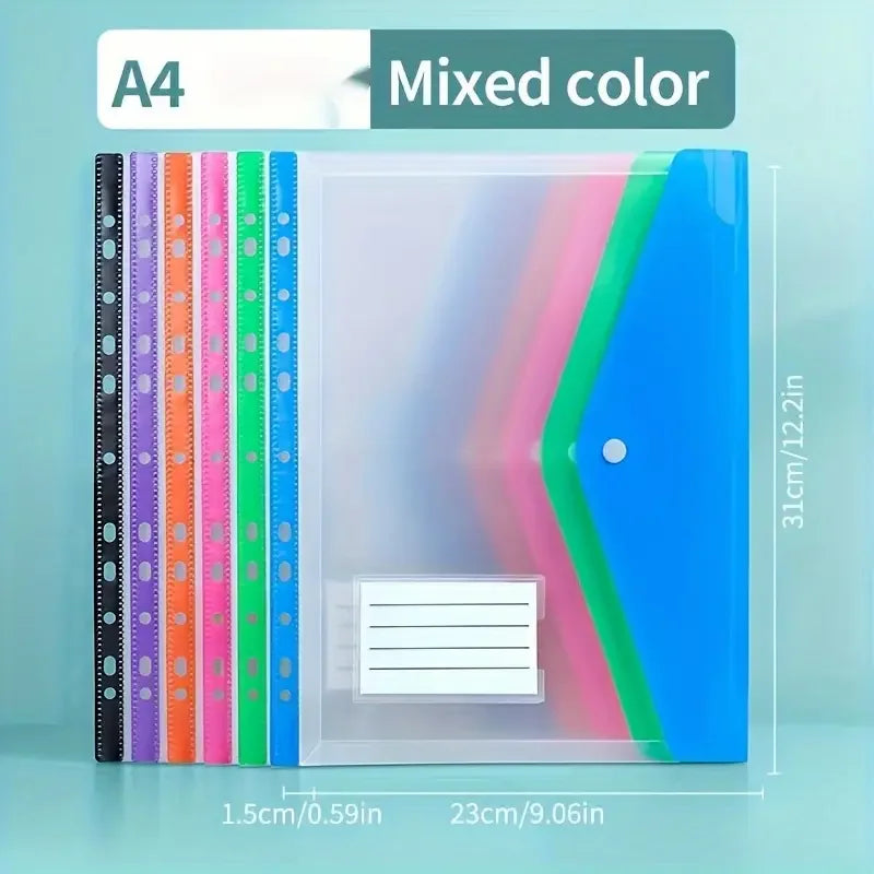 A pack of five colorful A4 file folders with a secure push-button ring binder.