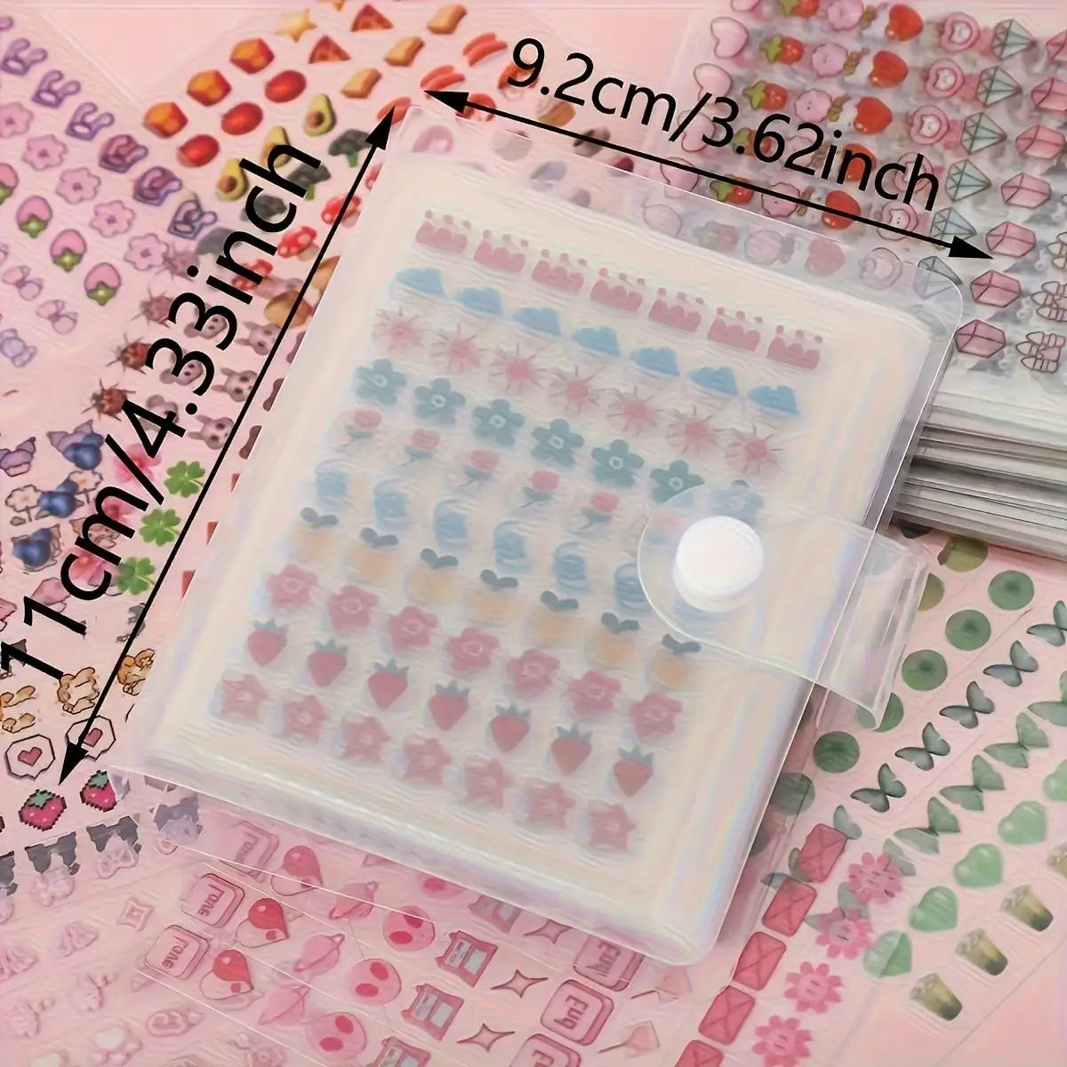 A clear plastic storage book filled with 2400 mini stickers featuring cute patterns for journaling and scrapbooking.