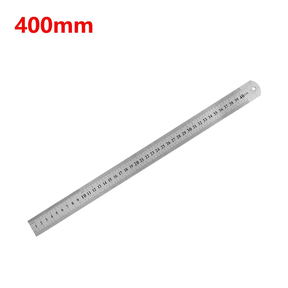 A stainless steel measuring ruler marked in millimeters, showing a scale up to 400mm.