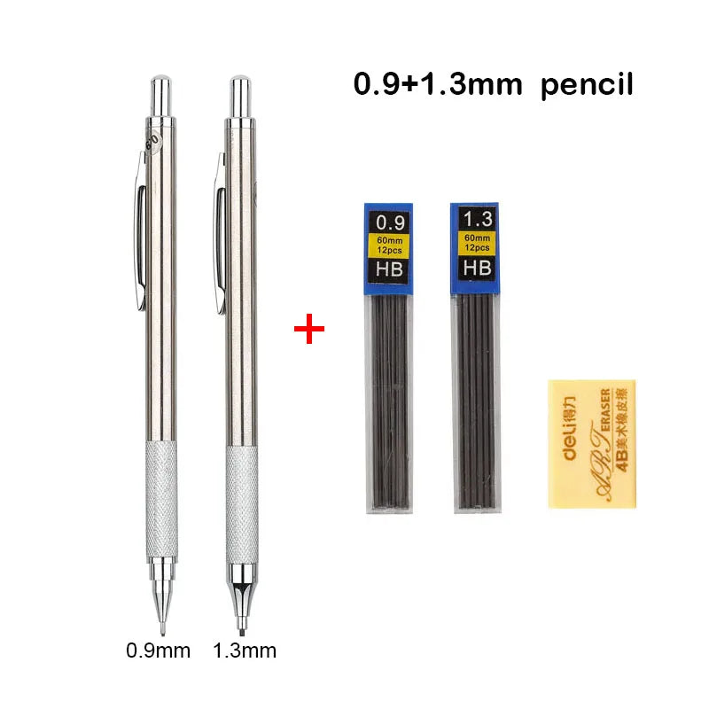 A set of 0.9 and 1.3 mm mechanical pencils with HB lead and eraser.