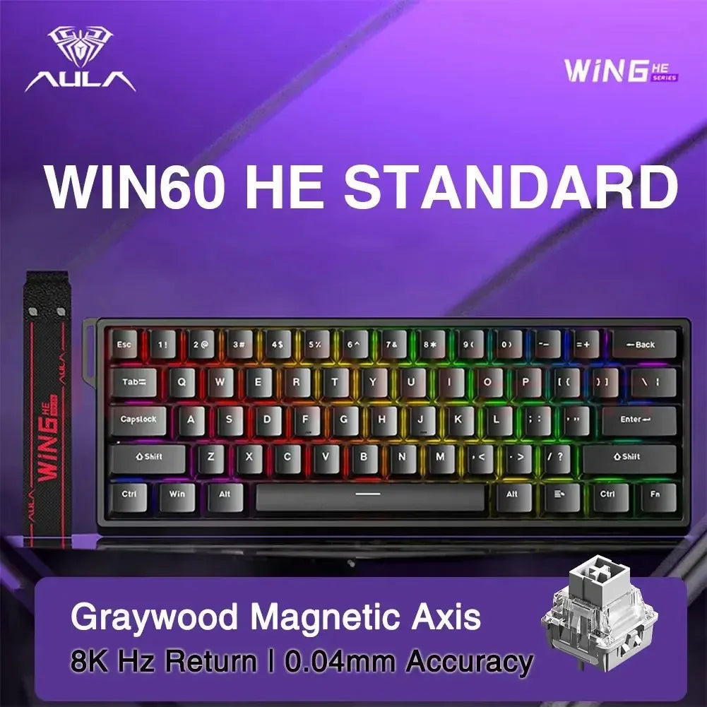 A close-up of a graywood magnetic axis mechanical keyboard featuring a compact layout and RGB backlighting.