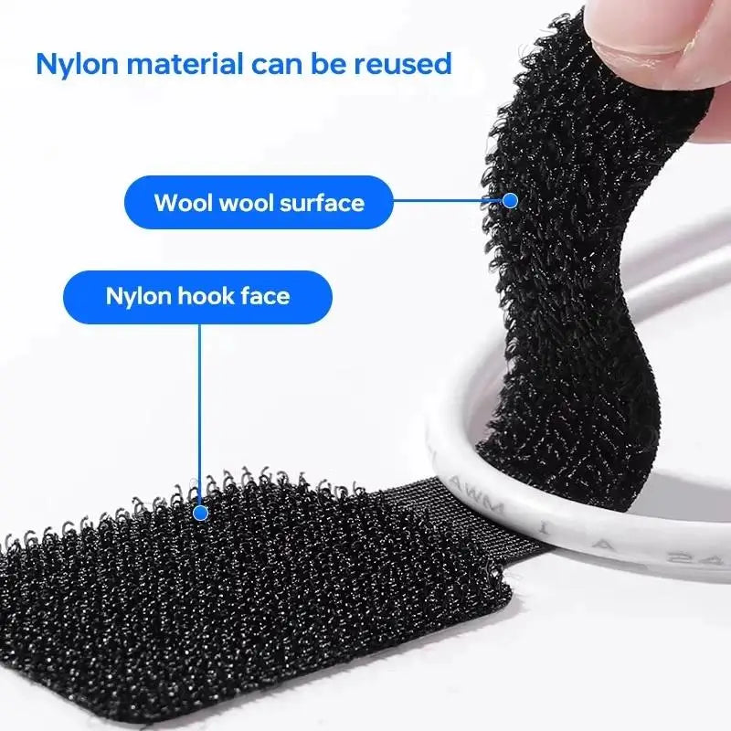 Close-up view of a black nylon hook face and wool wool surface for reusable adhesive cable ties
