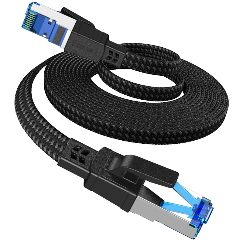 Black nylon braided Ethernet cable with gold-plated RJ45 connectors and a blue connector tip