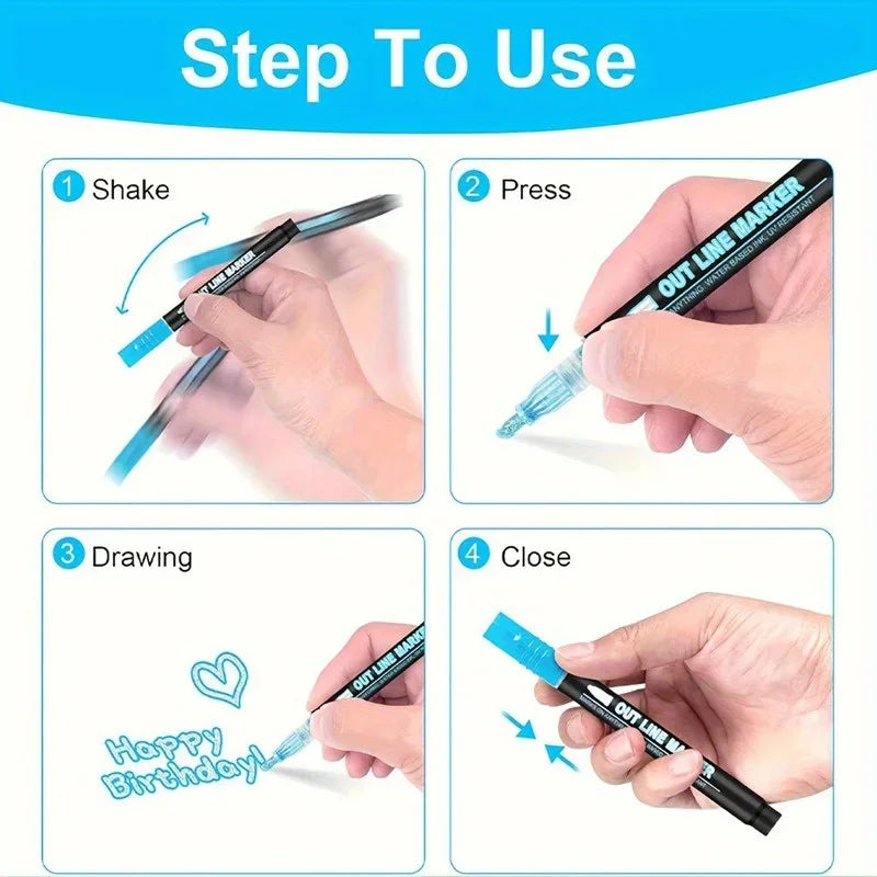 Step-by-step instructions showing how to shake, press, draw, and close a set of double line outline markers.