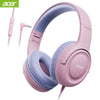 A pink Acer wired headphone set with purple earcups and a pink cord is shown.