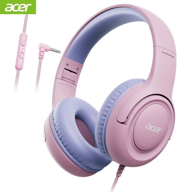 A pink Acer wired headphone set with purple earcups and a pink cord is shown.