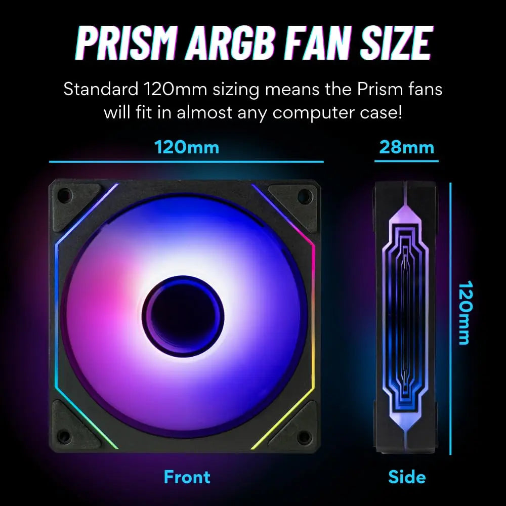 Diagram showing the size of a Prism ARGB fan, including front and side views, with dimensions labeled.