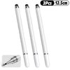 Three white universal stylus pens with silver tips shown next to a close-up view of the pen tip.