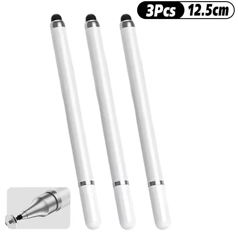 Three white universal stylus pens with silver tips shown next to a close-up view of the pen tip.