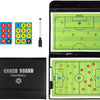 A foldable magnetic soccer coaching board with colored markers and a black storage case.