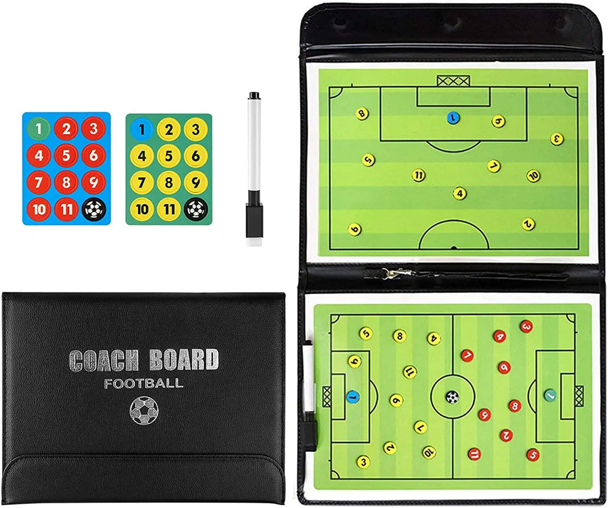 A foldable magnetic soccer coaching board with colored markers and a black storage case.