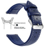 A dark blue genuine leather watch band featuring quick release spring bars and a silver buckle.