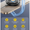 A magnetic wireless charger with a stand is shown charging an iPhone, featuring various protection features.
