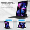 A black adjustable stand for an iPad showing landscape and portrait viewing angles.