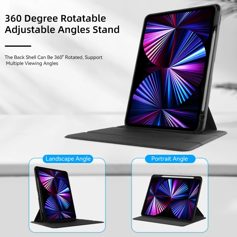 A black adjustable stand for an iPad showing landscape and portrait viewing angles.