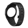 A black ceramic watch case and strap set for the Swatch X AP Royal POP, shown from a top-down angle.