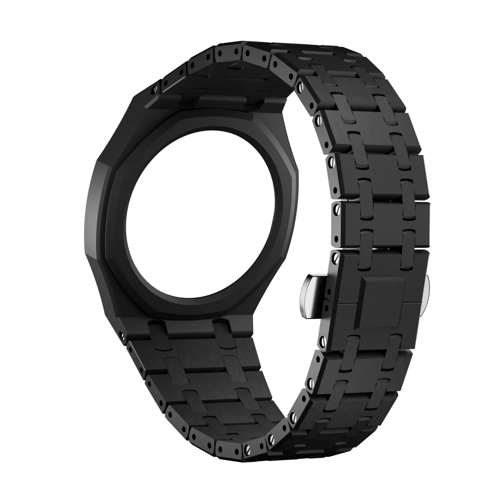 A black ceramic watch case and strap set for the Swatch X AP Royal POP, shown from a top-down angle.