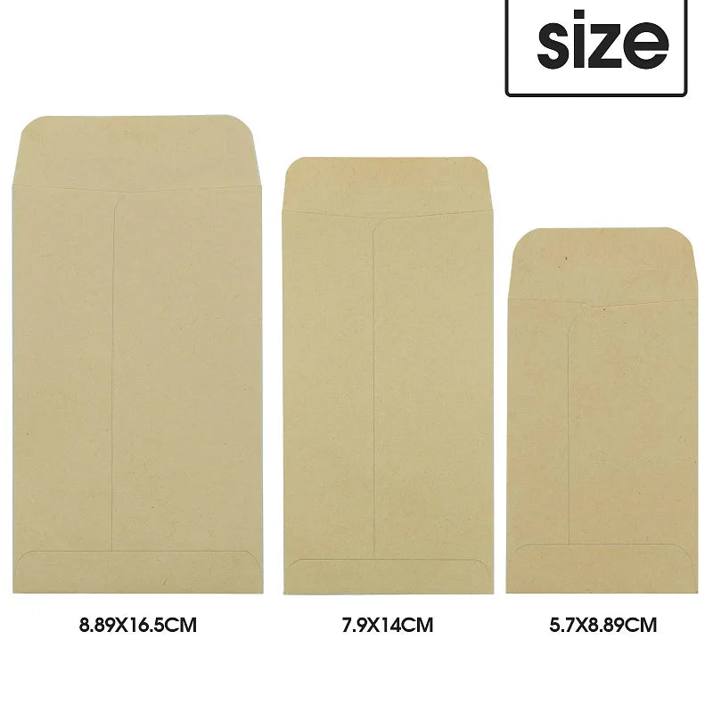 A set of three beige kraft envelopes shown side by side with their dimensions listed below.