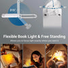 Flexible USB rechargeable LED book light shown in various angles illuminating reading material.