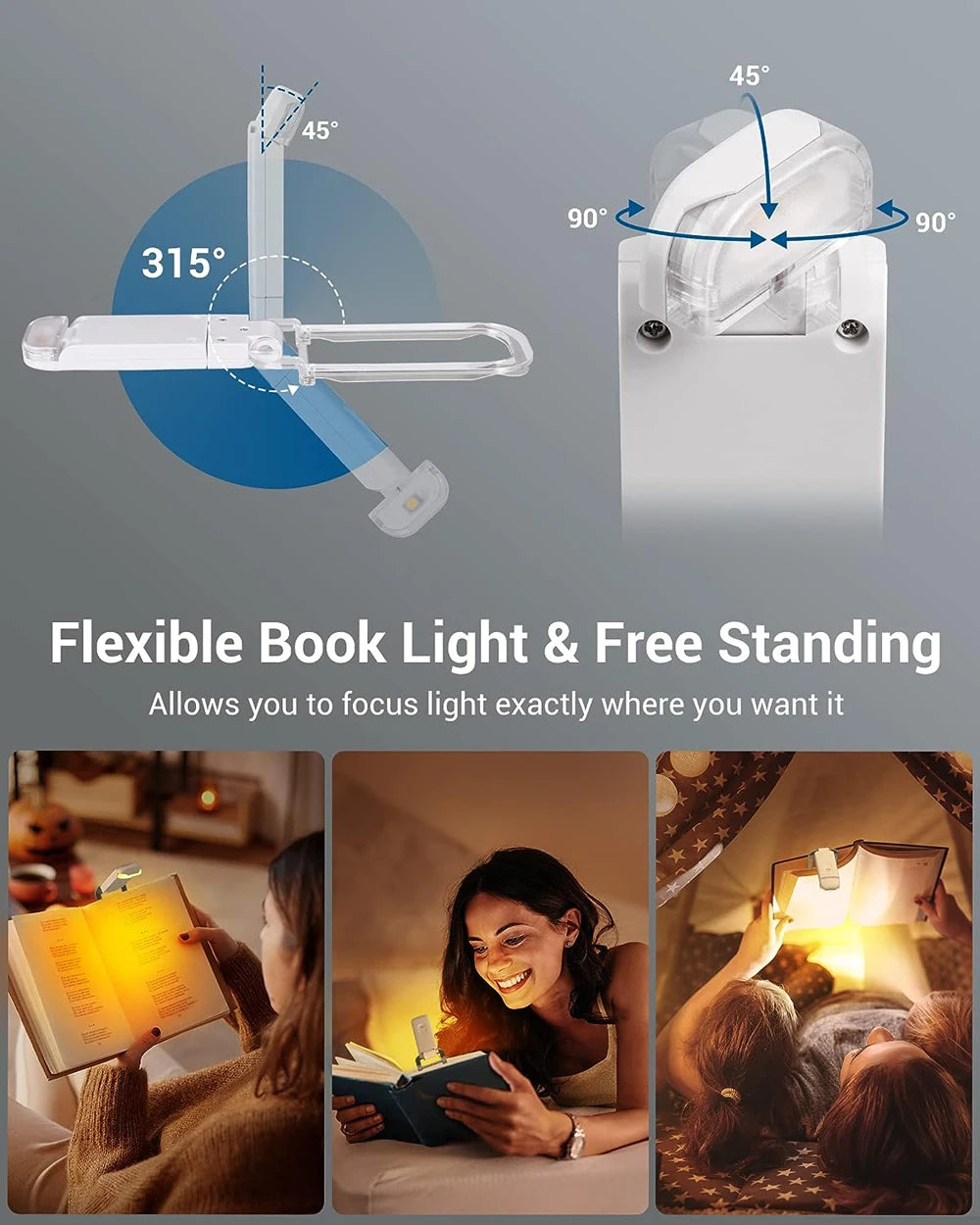 Flexible USB rechargeable LED book light shown in various angles illuminating reading material.