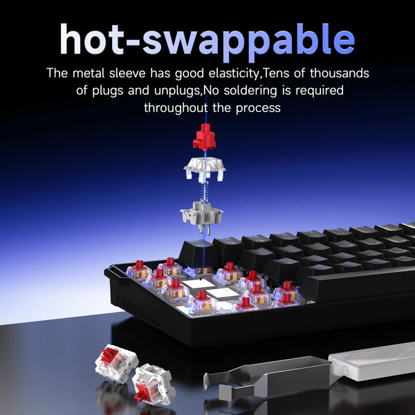 A close-up view of a mechanical keyboard with hot-swappable switches and plugs being inserted or removed.