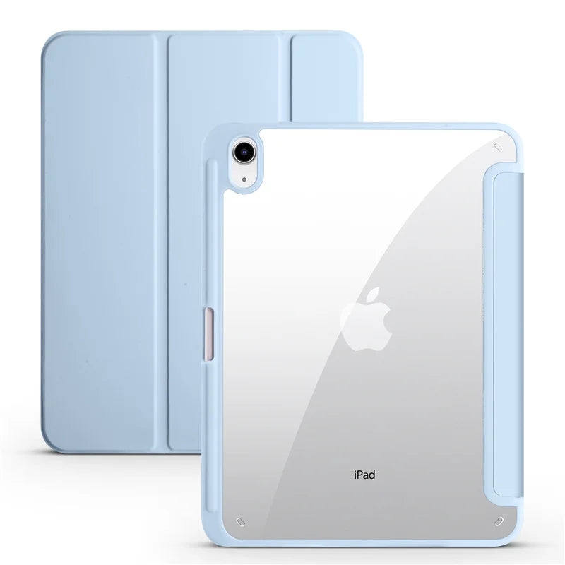 A light blue protective case for an iPad is shown next to the device.