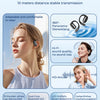A set of sleek, black true wireless Bluetooth earphones shown alongside various features and usage scenarios.