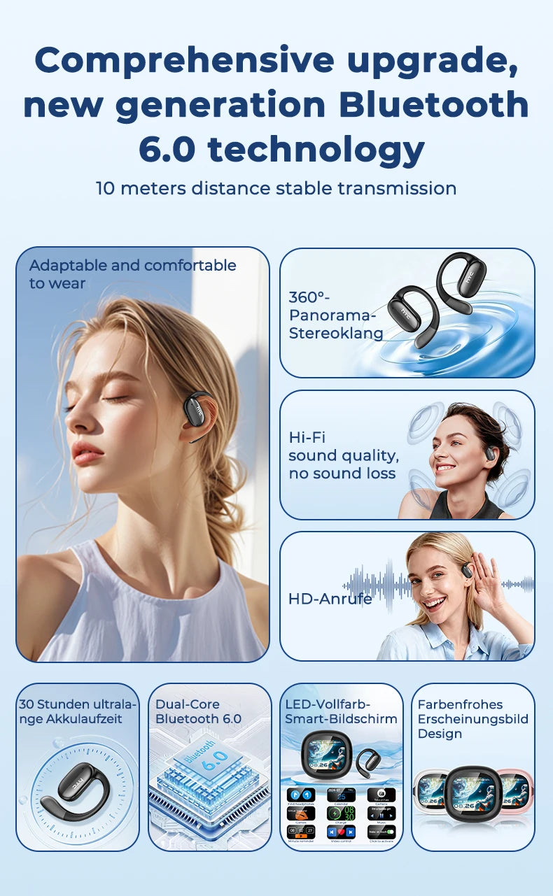 A set of sleek, black true wireless Bluetooth earphones shown alongside various features and usage scenarios.
