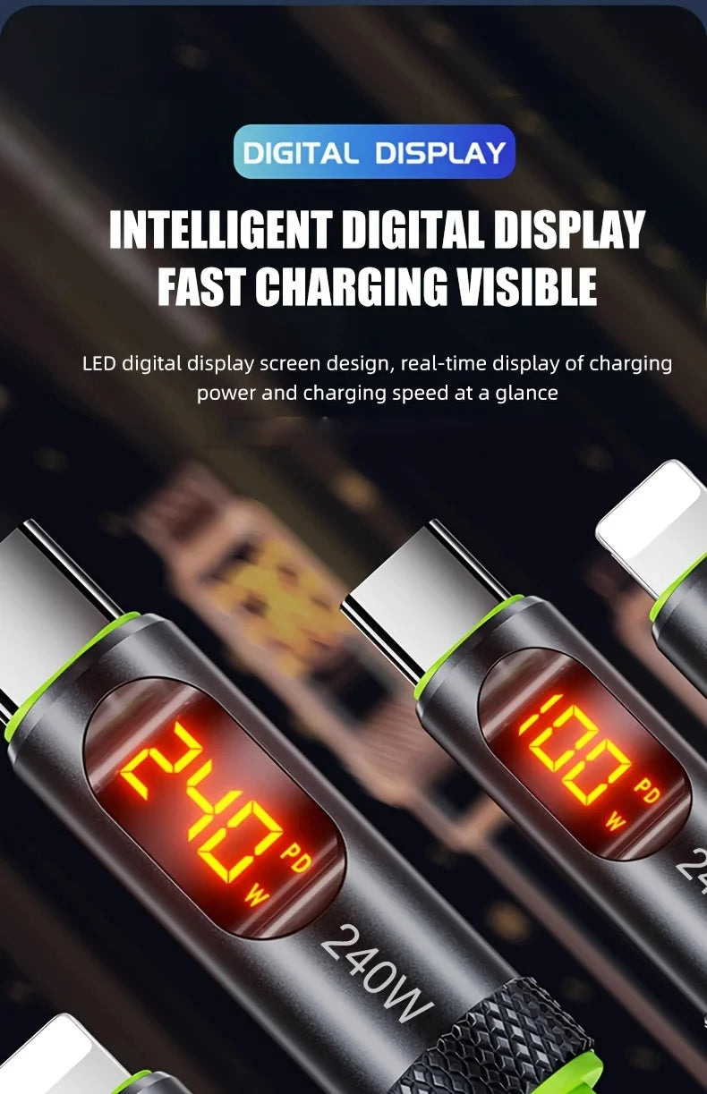 Close-up of a digital display LED fast charging cable showing 240W power output.