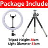 A white LED selfie ring light with a tripod stand shown next to its specifications.