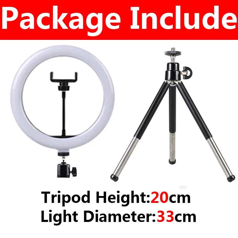 A white LED selfie ring light with a tripod stand shown next to its specifications.