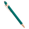 A teal retractable stylus and ballpoint pen with a gold accent.