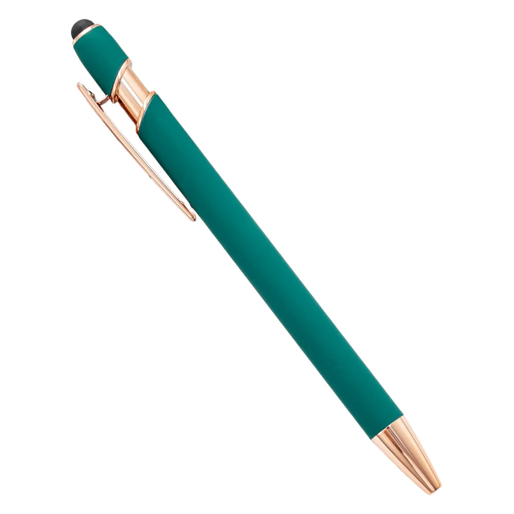 A teal retractable stylus and ballpoint pen with a gold accent.