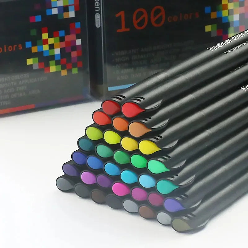 A close-up view of a set of fine line marker pens with various colored tips arranged in a fan shape.